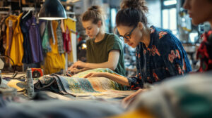 Eco-friendly fashion designers creating sustainable clothing with recycled fabrics and responsible design techniques 